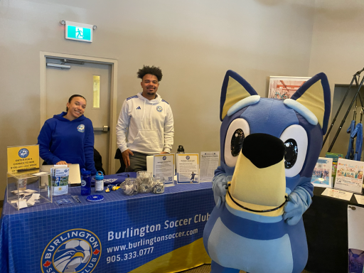 Now Bluey character with Burlington Soccer