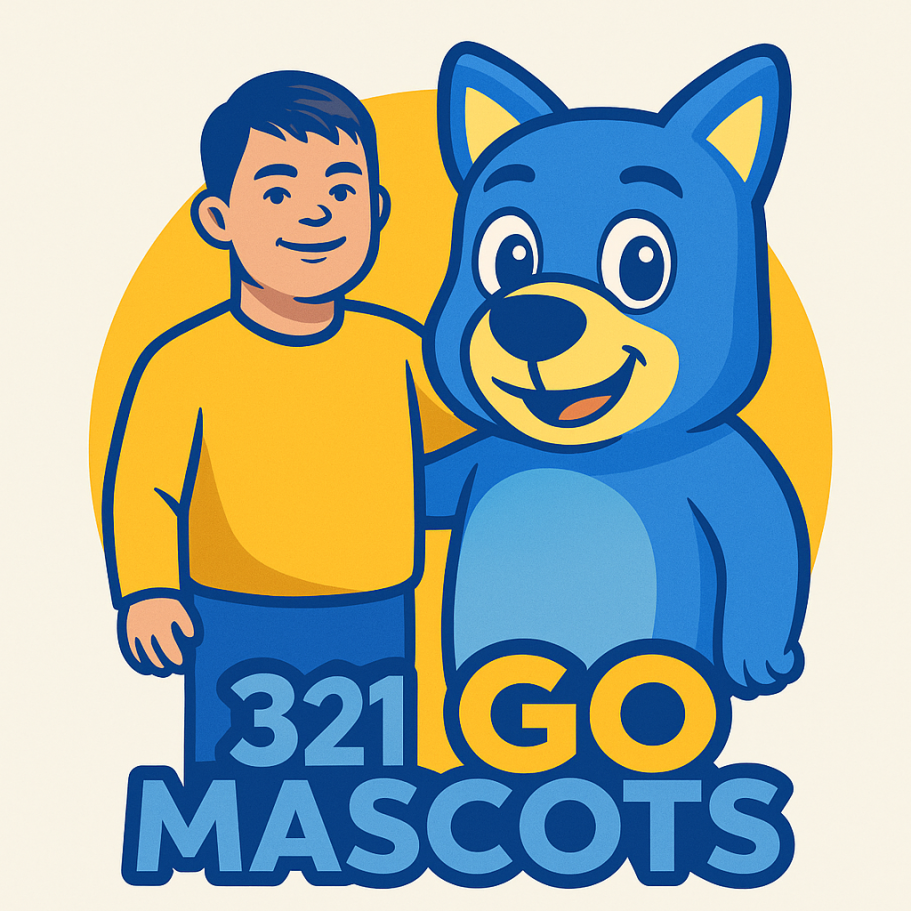 321GoMascot Logo - a boy and a blue and yellow dog mascot standing beside each other