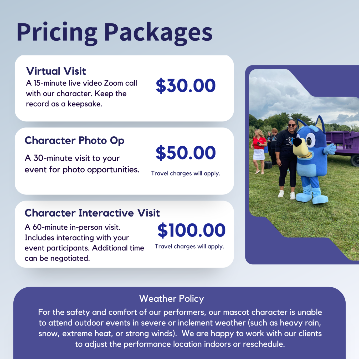 Pricing packages for virtual visits and character photo opportunities.